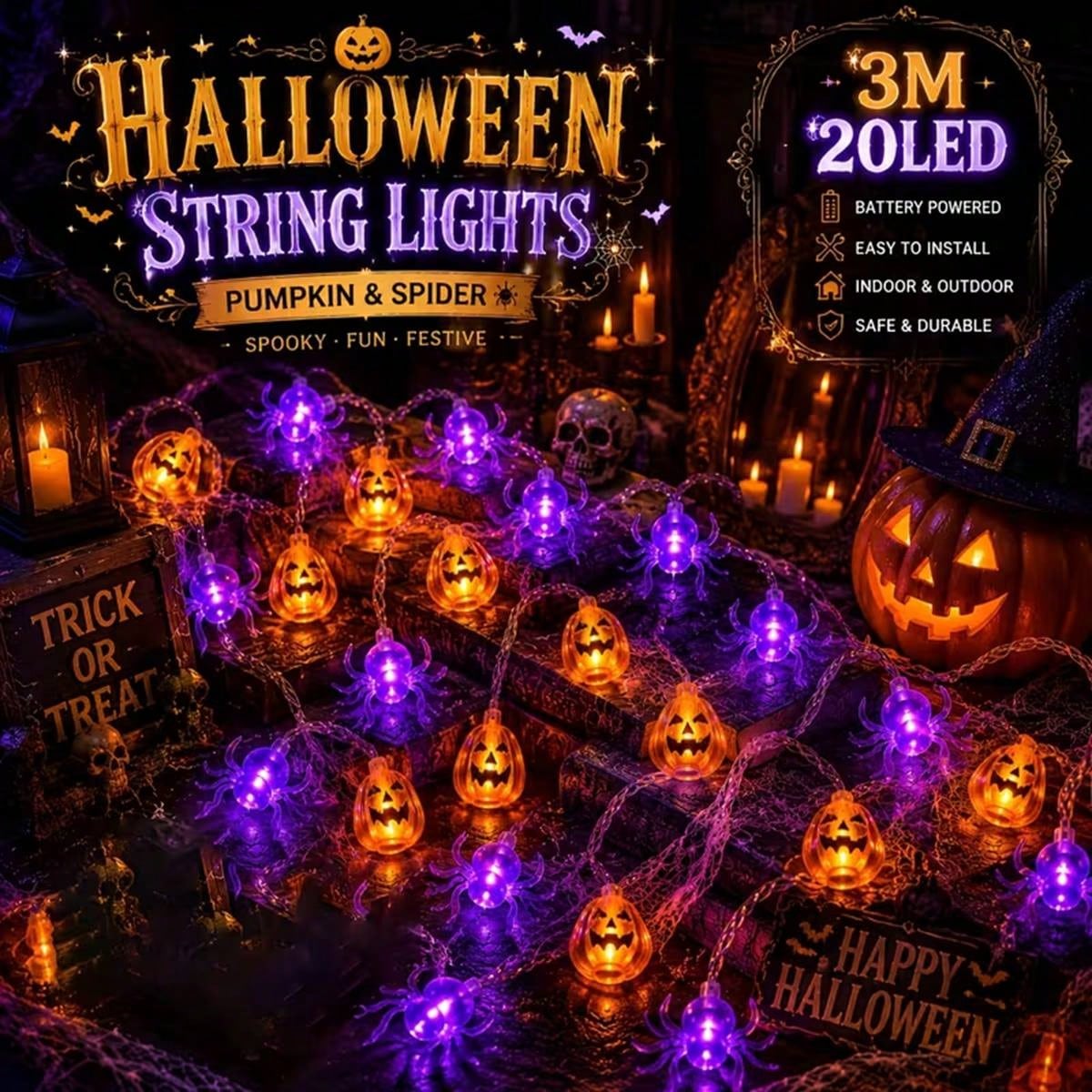 Outdoor Power Jack - 1 Guirlande Lumineuse LED Citrouille d'Halloween